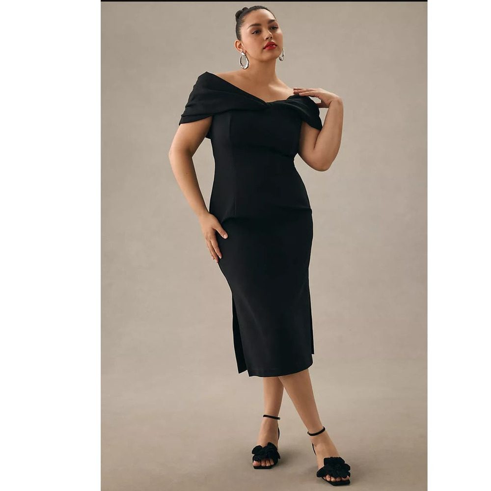 New Anthropologie Maeve Off-The-Shoulder Twist Midi Dress $160 PLUS 3X Black